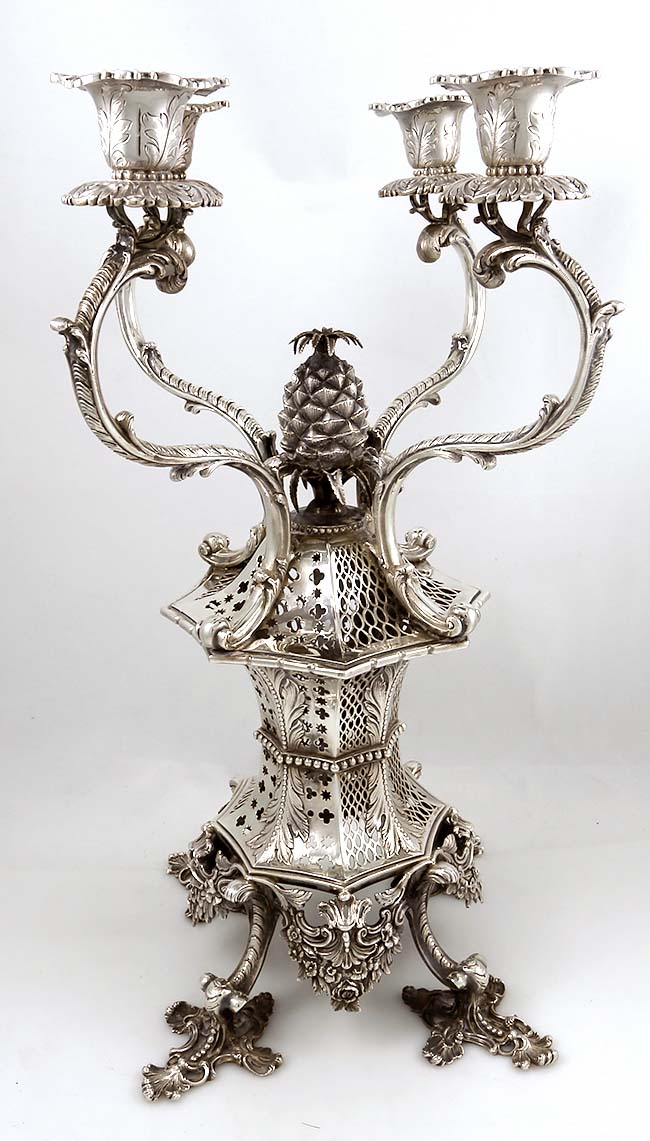 Pair Garrard sterling silver candelabra ini the chinoiserie style