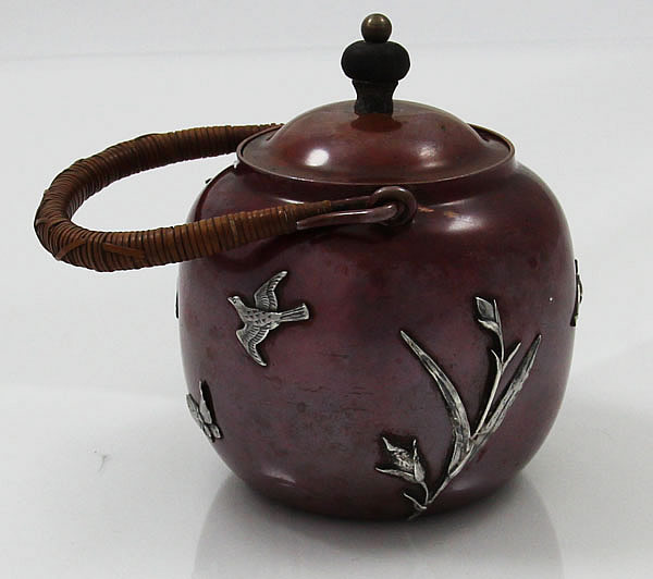 Rare Gorham Japanese style copper teapot with applied sterling