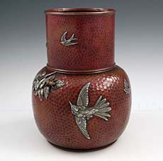 Gorham mixed metals copper vase with hammered surface and applied decoration