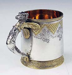 Gorham antique sterling parcel gilded cup with Japanese style decoration and a dog head on the handle