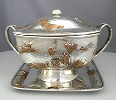 Important and rare antique silver tureen and mixed metals copper application