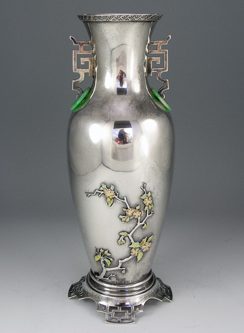 american sterling sterling jade and enamel vase in chinses style