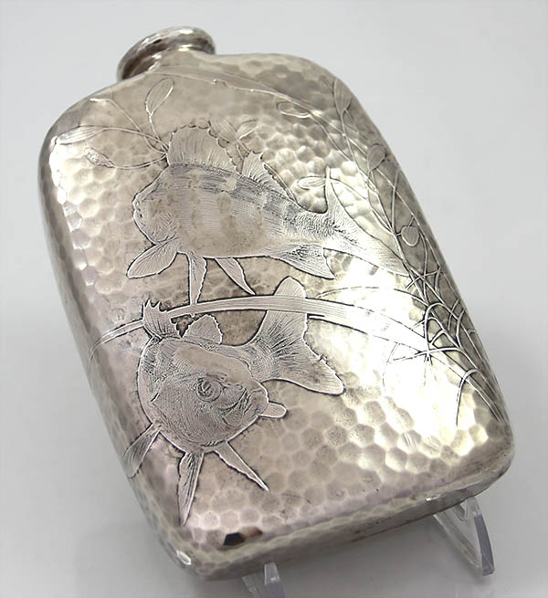 Tiffany hammered aesthetic sterling flask with fish