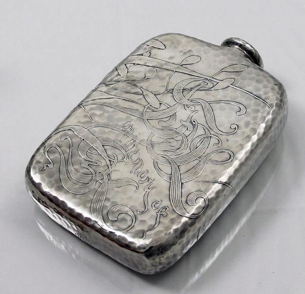 Tiffany antique sterling hammered flask with acid etched fish