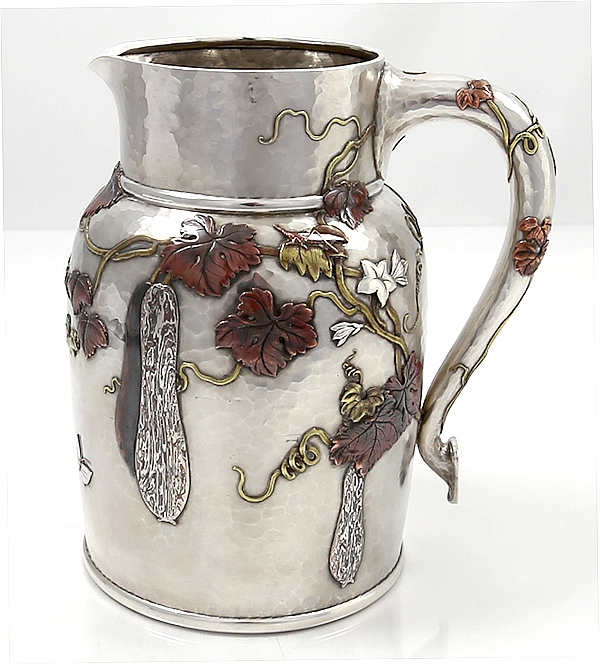 Tiffany mixed metals pitcher with dragonfly
