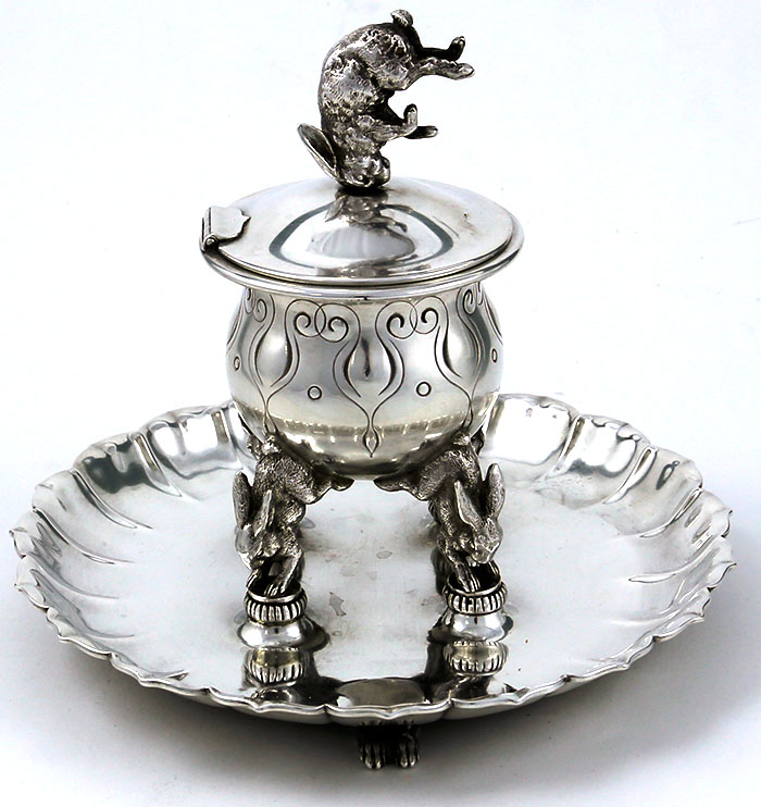 Tiffany antique sterling silver inkwell with rabbit finial and feet circa 1880