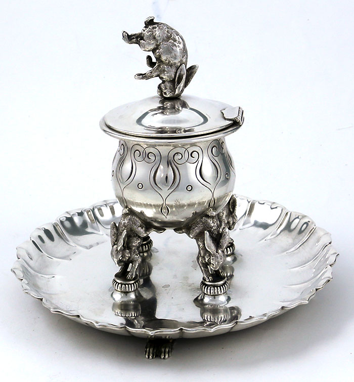 Tiffany antique sterling silver inkwell with rabbit finial and feet circa 1880