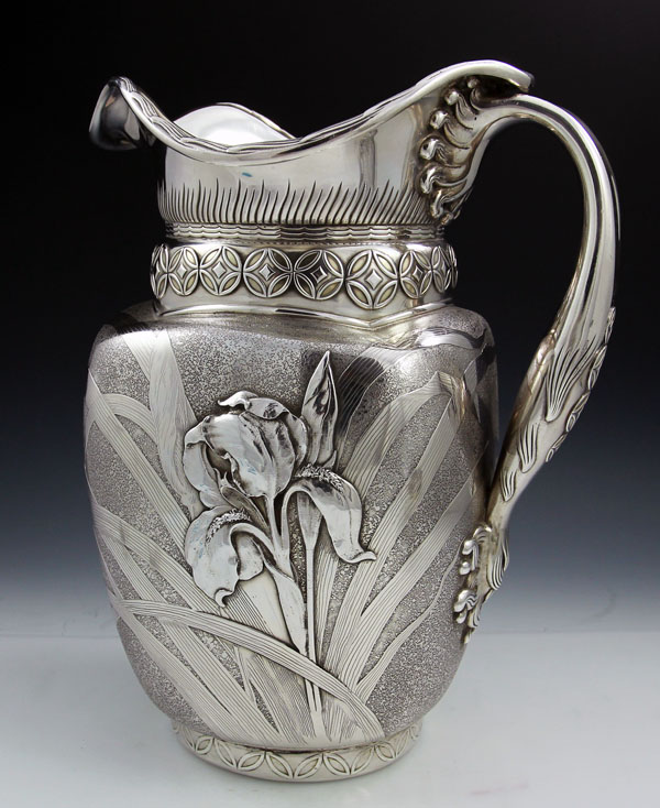 Whiting textured sterling pitcher with dragonfly and iris