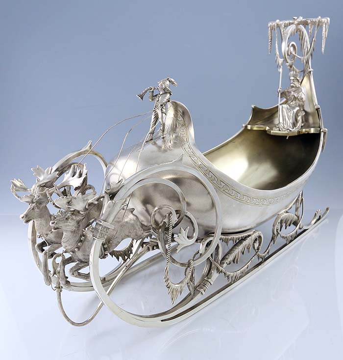 Rare Whiting antique sterling silver sleigh with St Nicholas  reindeer and icicles