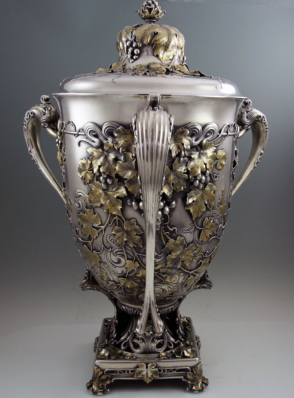 Antique silver trophy loving cup by Whiting with applied grapes leaves and vines