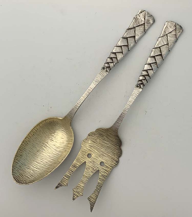 Hand braided long handle antique sterling silver salad serving set
