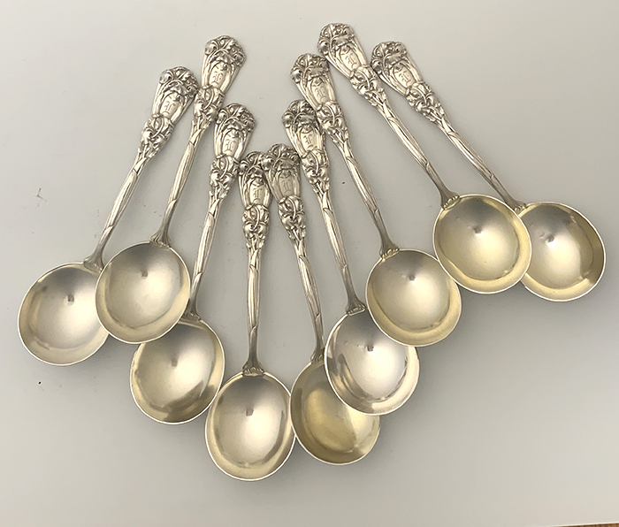 Durgin Iris sterling silver bouillon spoons