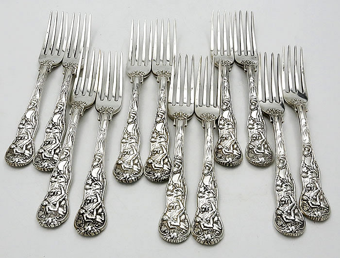 twelve antique sterling English Bacchanalian dessert forks