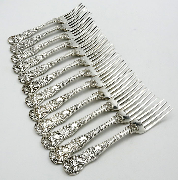 English silver Bacchanalian dessert forks