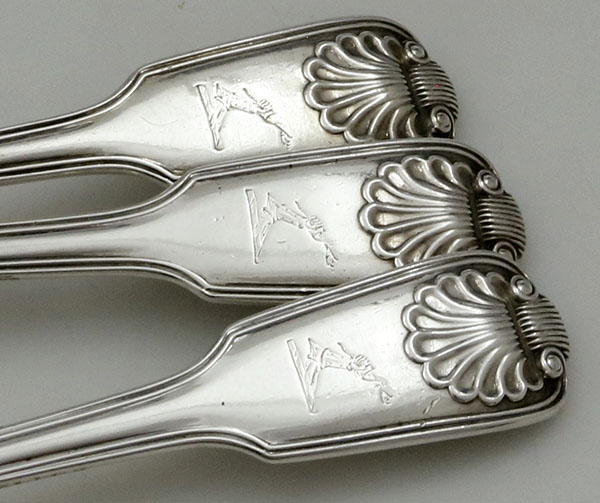 engraved crests on shell and thread fiddle English tablespoons