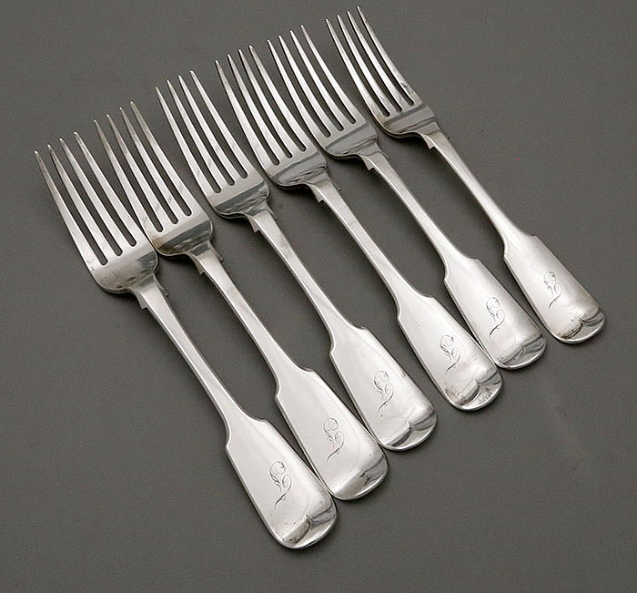 six matching Engnlish silver dinner forks London 1831 Charles Shipway