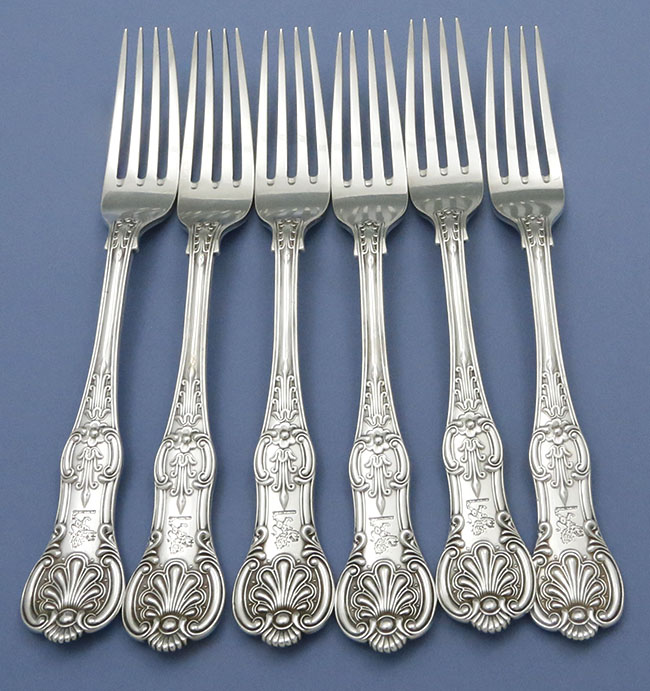 Six matching table forks London 1896 crested Francis Higgins