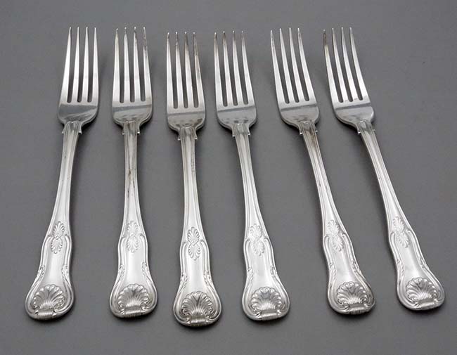 six matching English antique silver dinner forks King's pattern London 1820 Richard Poulden
