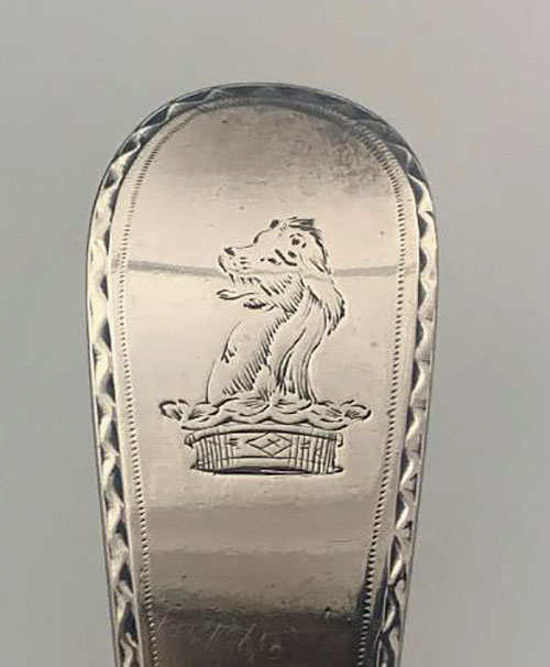 engraved crest on Hester Bateman stuffing spoon