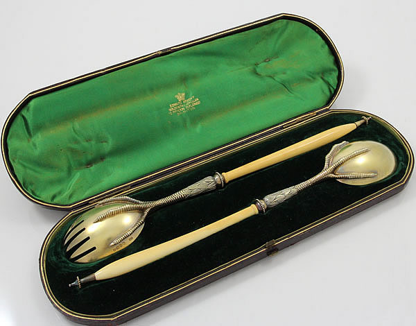 George Adams pair of boxed antique silver salad servers in box with engraved crests