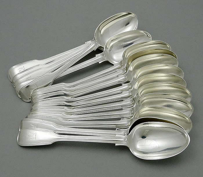 English silver antique dessert spoons in the fiddle thread pattern London 1865 George Adams