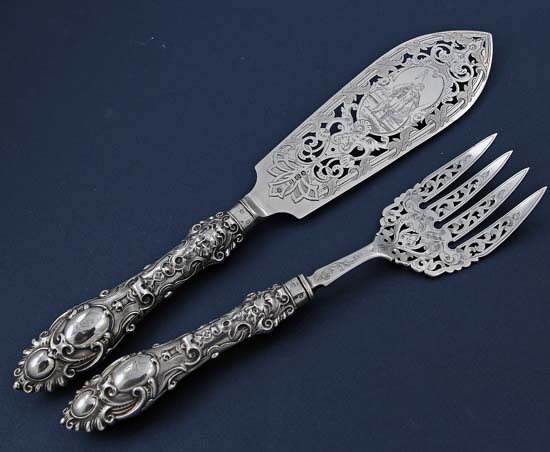 English sterling fish serving set with fisherman