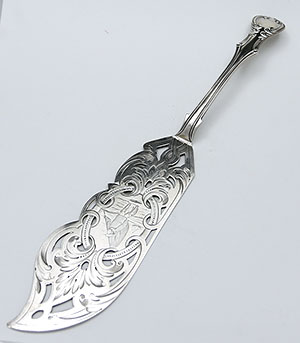 English antique silver fish server pierced with an engraved fisherman on the blade London 1865