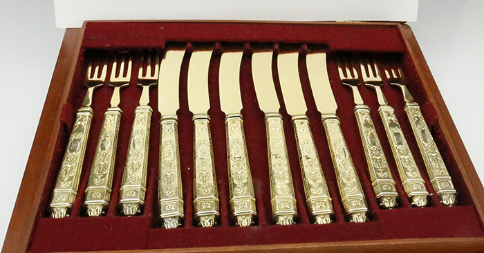 English antique silver gilt dessert set in fitted box