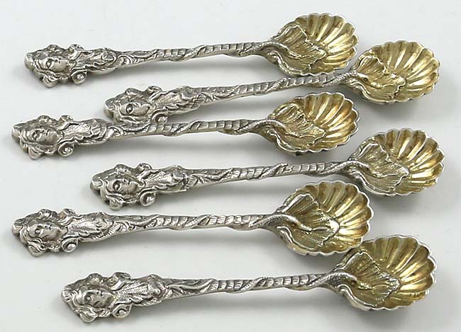 Set six William iv figural silver salt spoons