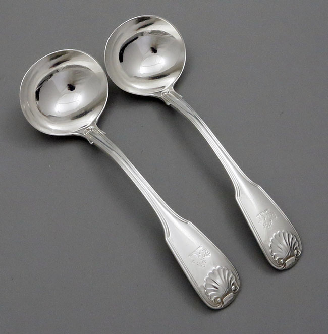 pair of English antique silver sauce ladles by William Eley & Fearn London 1820 Shell and thread fiddle pattern