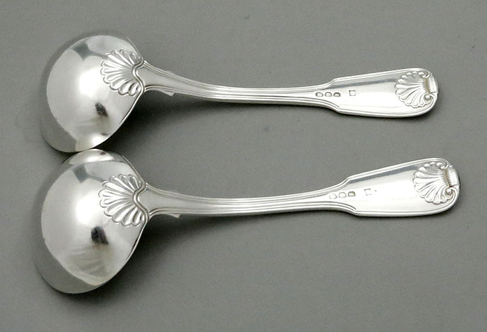 reverse of pair of London 1820 sauce ladles William Eley Fiddle shell and thread