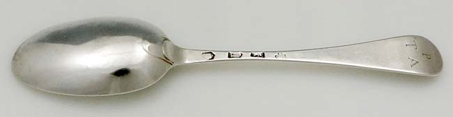 reverse of English silver tablespoon by Caleb Hill London 1732