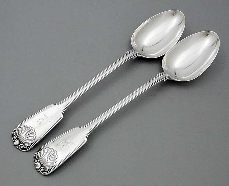 English antique silver fiddle shell and thread pair of basting spoons crested