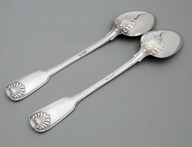 pair of antique English silver pair of basting spoons fiddle shell and thread