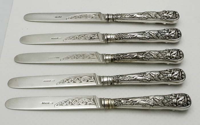English antique silver stag hunt tea knives all silver hollow handles 