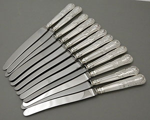English silver table knives 9 1/2" King's pattern hallmarked silver handles