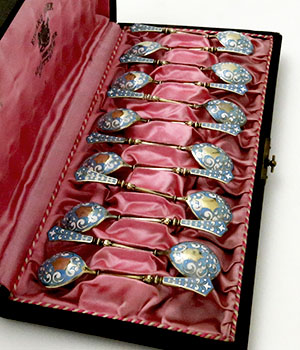 German 800 silver enamel spoons 4"