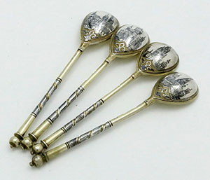 Set of 18 Russian silver niello spoons