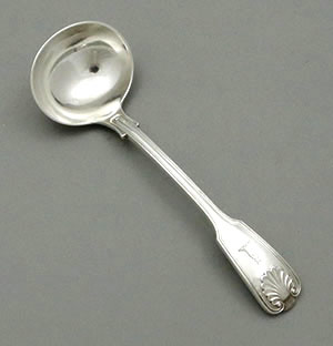 London 1908 Sebastian Garrard silver ladle crest Fiddle shell and thread