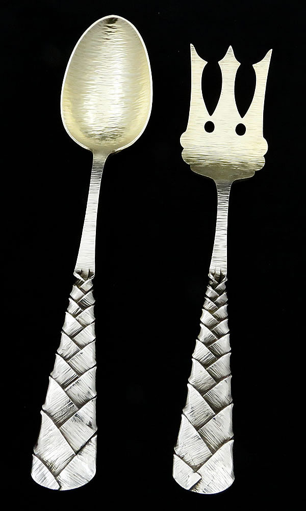 Durgin long handle sterling silver salad set woven handle