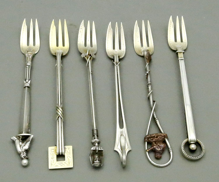 Set of six gorham sterling and mixed metals bric-a-brac cocktyail forks