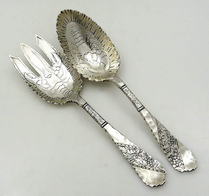Wood and Hughes rare antique sterling salad serving set with acid etched lobsters 