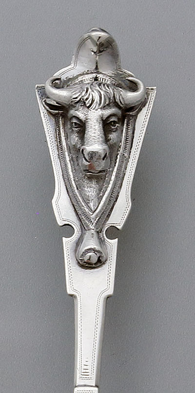 George Sharp antique silver cheese scoop with bull head on handle
