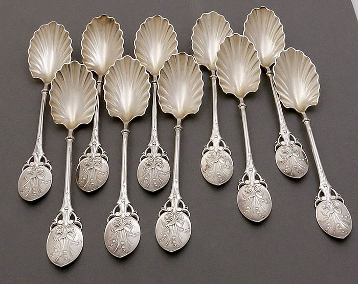 Ten Gorham lilly dessert spoons sterling silver