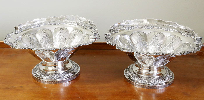 pair of A E Warner coin silver antique baskets