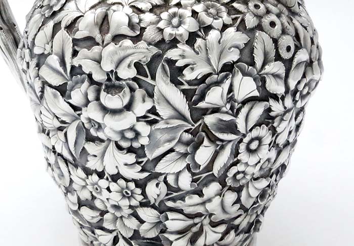 Krider antique sterling silver pitcher repousse floral