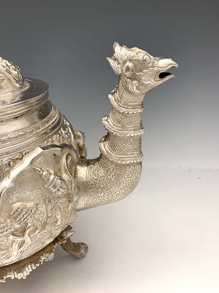 spout of Burmese antique silver teapot