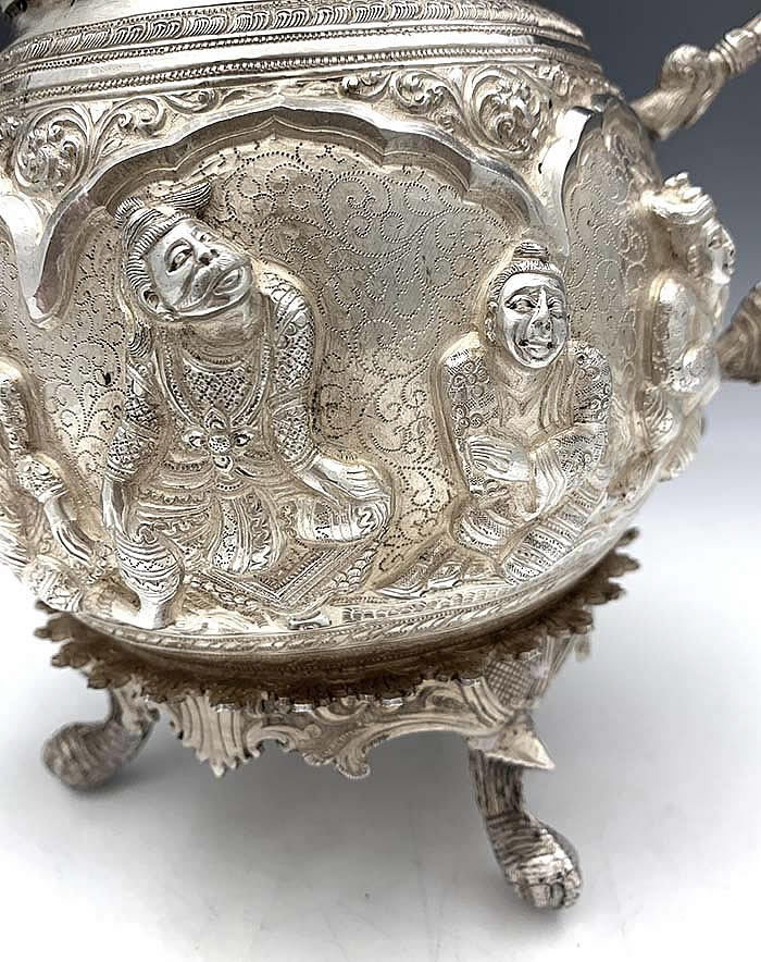 Figural detail on Burmese antique silver teapot