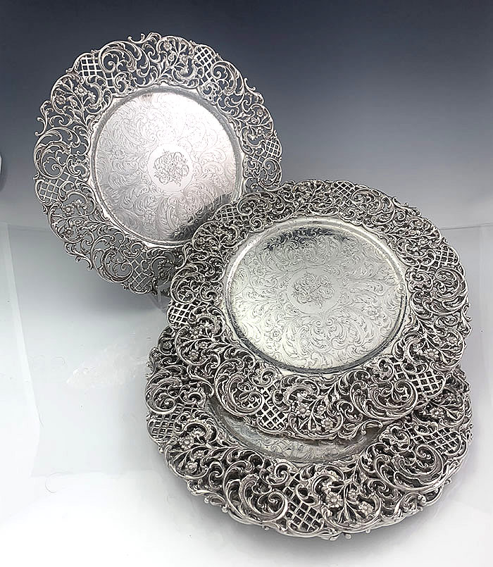 Caldwell sterling silver set of eight plates engraved cast pierced