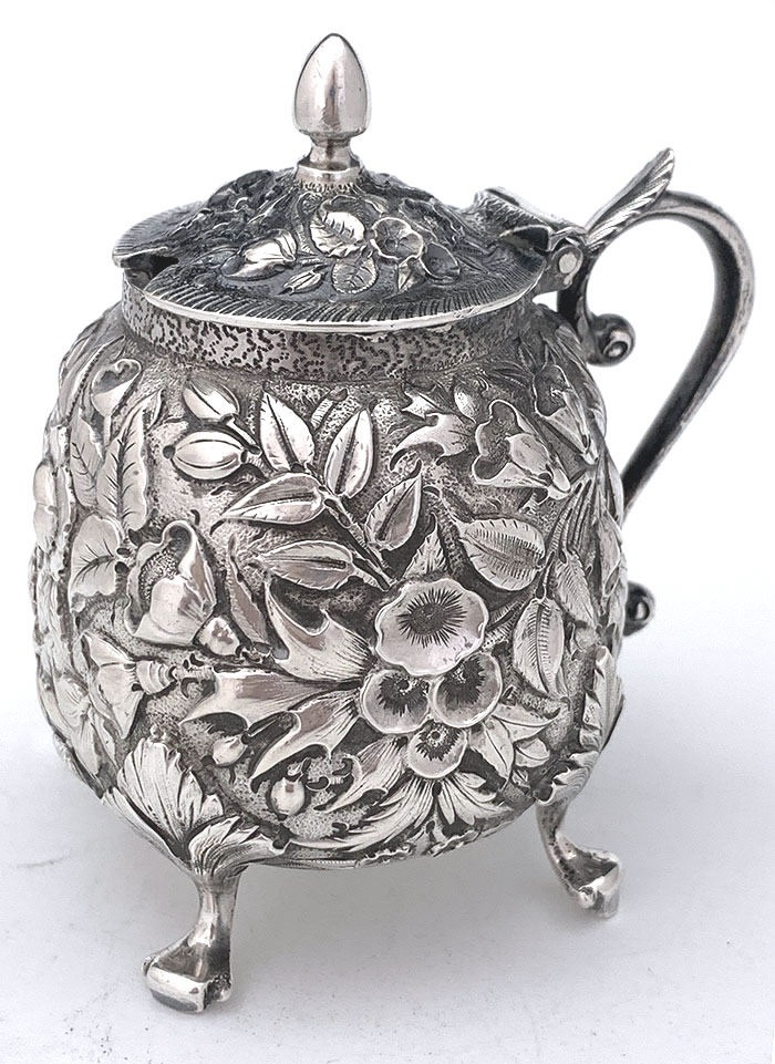 Repousse sterling silver antique mustard pot